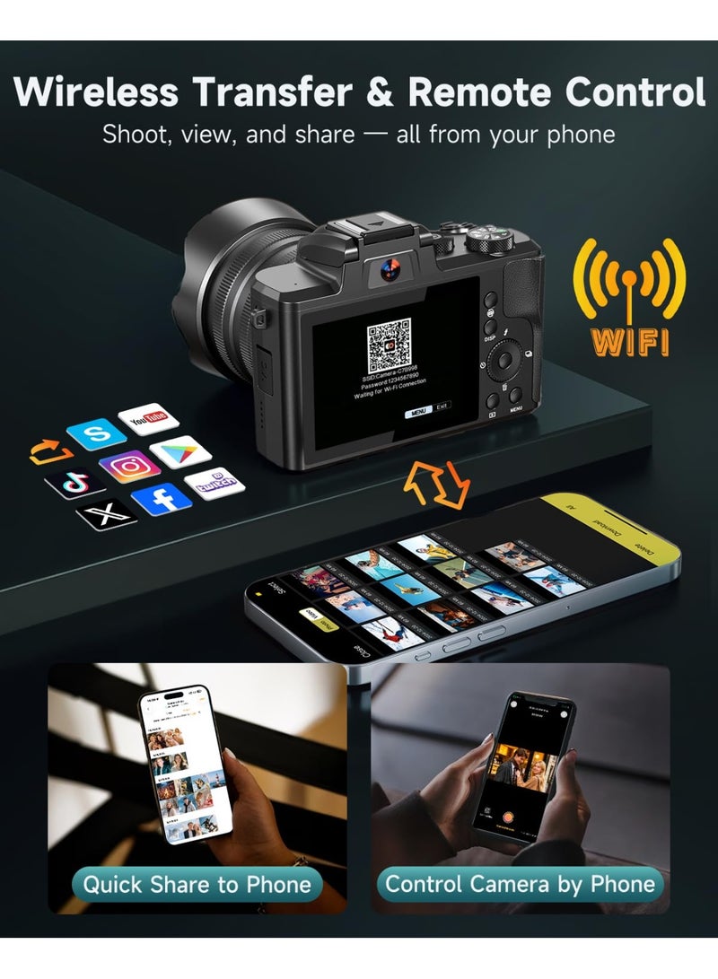 8K Digital Cameras for Photography, Autofocus Anti-Shake,88MP WiFi Vlogging Camera for YouTube with Selfie Lens, Professional Video Camera with Flash, Touch Screen, Lens Hood, 64GB Card, 2 Batteries - view 4