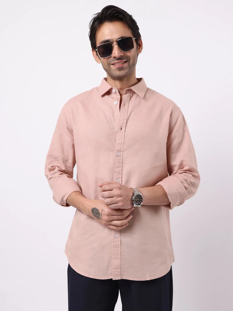 مانياك Maniac Solid Mens Collared Neck Full Sleeve Cotton Linen Light Pink Shirt