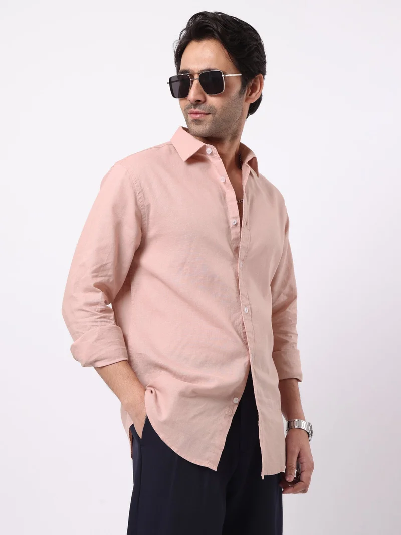 Maniac  Maniac Solid Mens Collared Neck Full Sleeve Cotton Linen Light Pink Shirt for Men | Best Price UAE