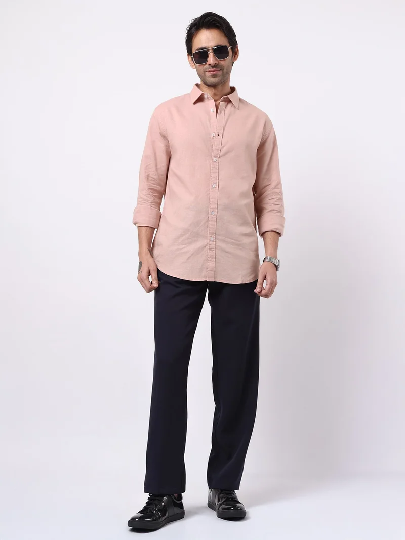 Maniac  Maniac Solid Mens Collared Neck Full Sleeve Cotton Linen Light Pink Shirt for Men | Best Price UAE