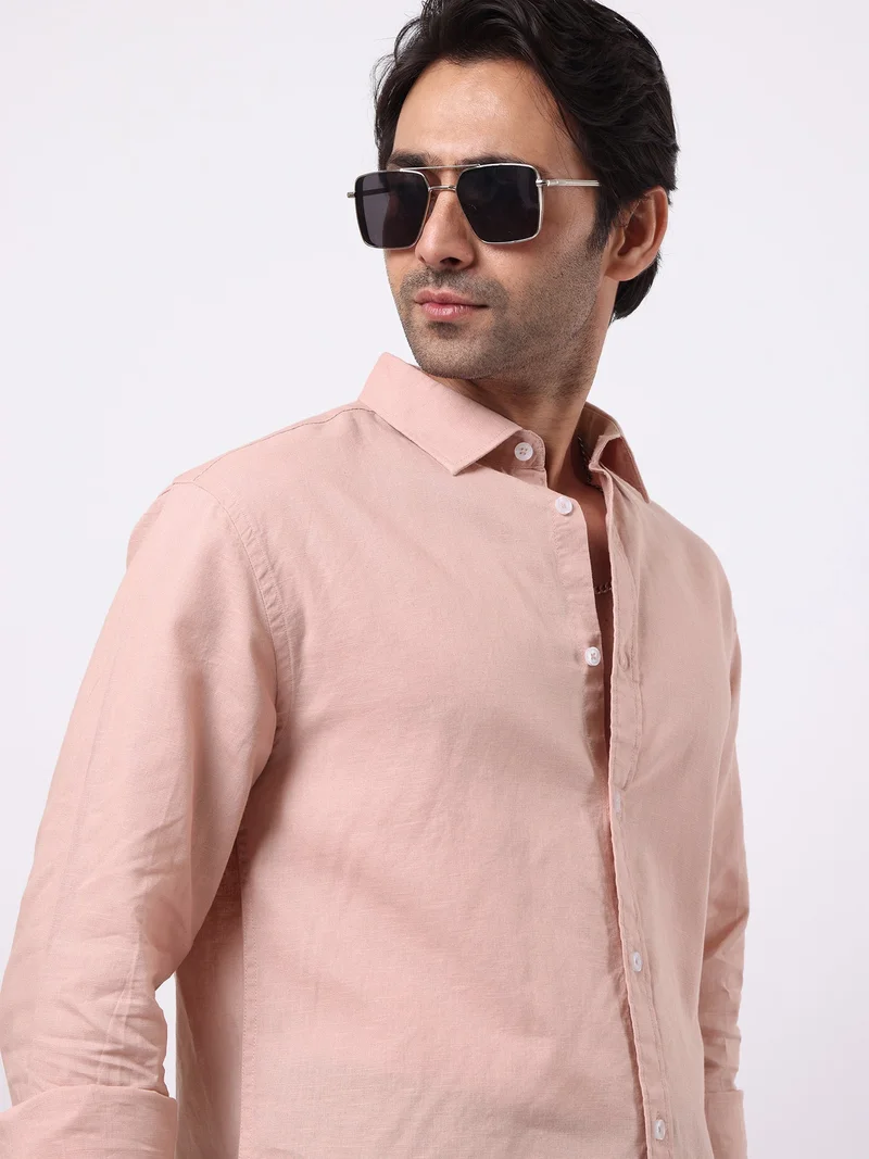 مانياك Maniac Solid Mens Collared Neck Full Sleeve Cotton Linen Light Pink Shirt