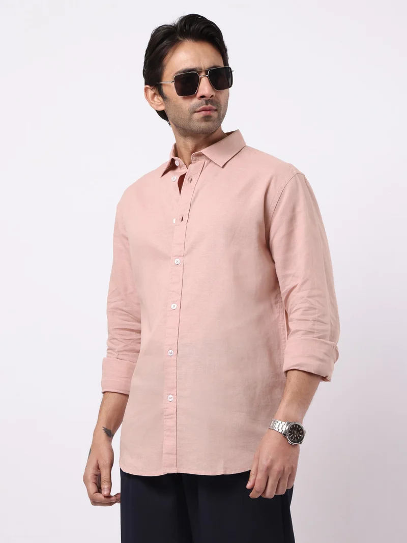 Maniac Maniac Solid Mens Collared Neck Full Sleeve Cotton Linen Light Pink Shirt