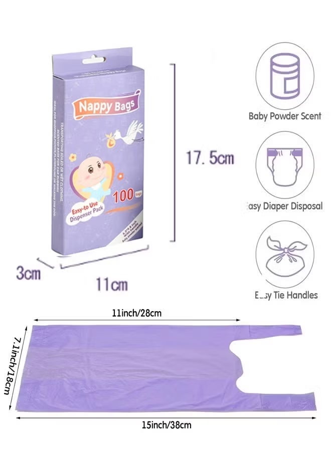 Comysubao Diaper Bags for Babies, Scented Nappy Bags with Easy-Tie Handles, 100 Count Leak-Proof & Tear-Resistant Disposable Diaper Sacks, Portable Dispenser Box for Baby Changing, Travel & Home Use, Purple - Image 2