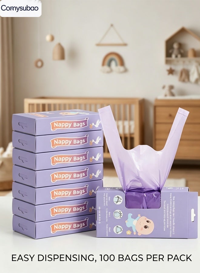 Comysubao Diaper Bags for Babies, Scented Nappy Bags with Easy-Tie Handles, 100 Count Leak-Proof & Tear-Resistant Disposable Diaper Sacks, Portable Dispenser Box for Baby Changing, Travel & Home Use, Purple - Image 1