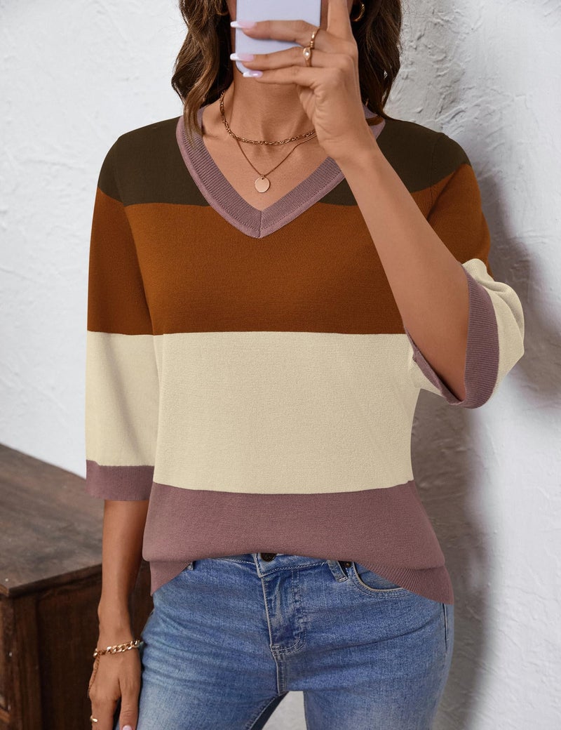 LUYAA V Neck Sweaters for Women Casual 3/4 Half Sleeve Sweater, Lightweight Loose Pullover Tops Dressy Work M - Image 2