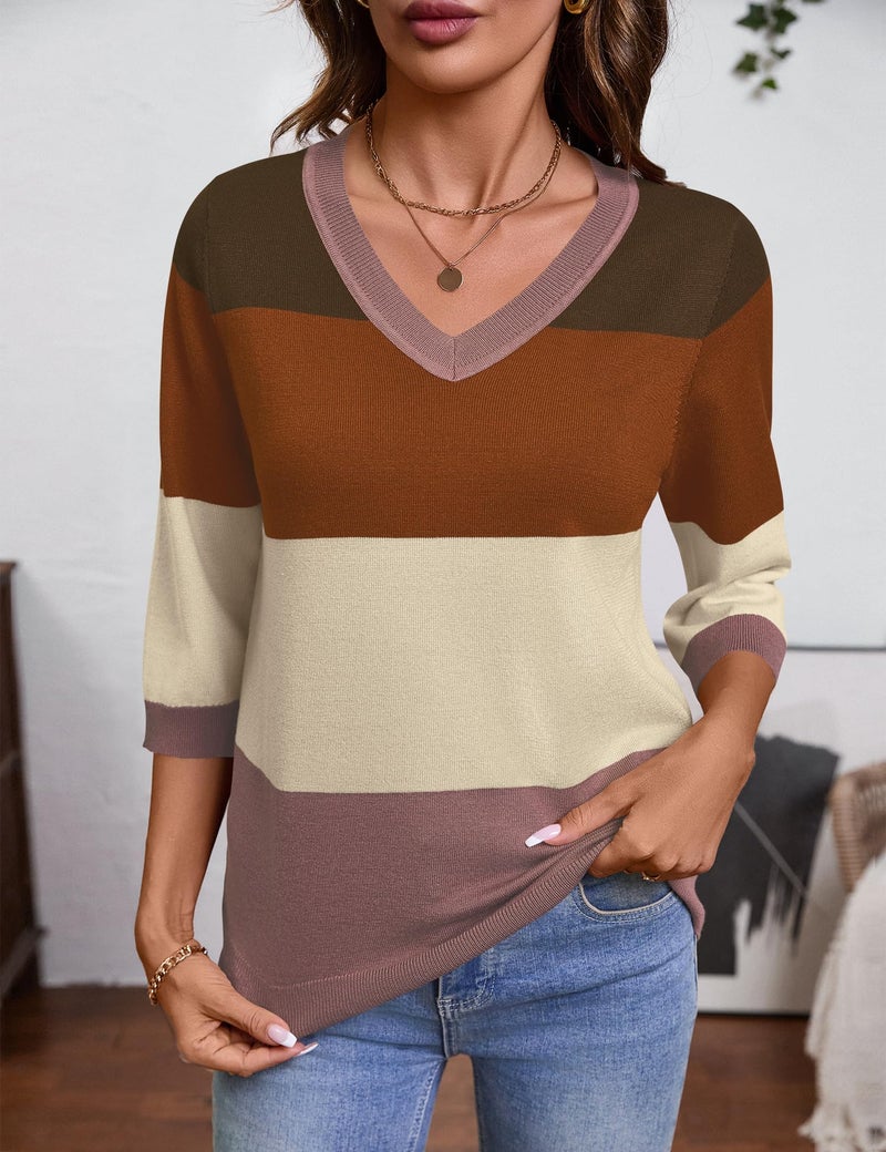 LUYAA V Neck Sweaters for Women Casual 3/4 Half Sleeve Sweater, Lightweight Loose Pullover Tops Dressy Work M - Image 4