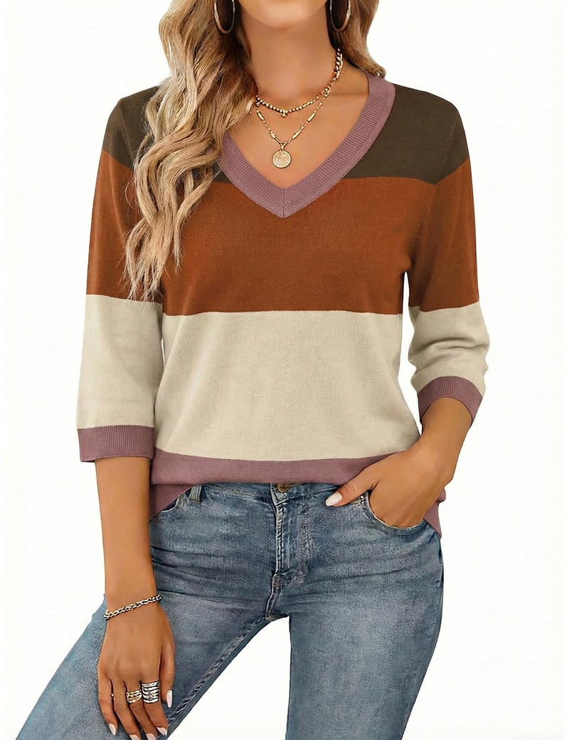 LUYAA V Neck Sweaters for Women Casual 3/4 Half Sleeve Sweater, Lightweight Loose Pullover Tops Dressy Work M - Image 1