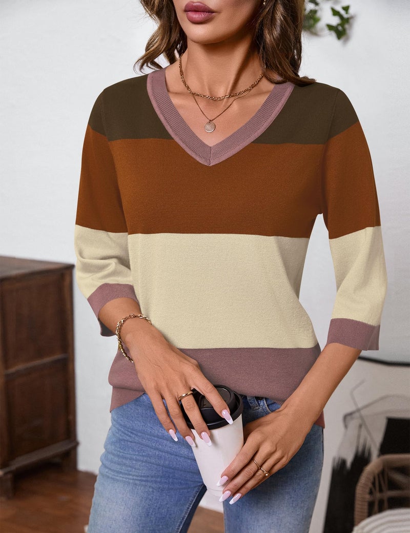 LUYAA V Neck Sweaters for Women Casual 3/4 Half Sleeve Sweater, Lightweight Loose Pullover Tops Dressy Work M - Image 3