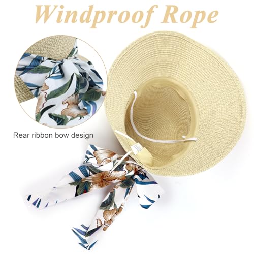 PALAY® Straw Hat for Women Summer, Wide Brim Sun Beach Hat for Women, Fashion UV Protection Cap with Print Ribbon Beige - Image 4