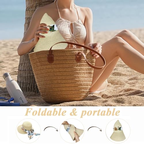 PALAY® Straw Hat for Women Summer, Wide Brim Sun Beach Hat for Women, Fashion UV Protection Cap with Print Ribbon Beige - Image 5