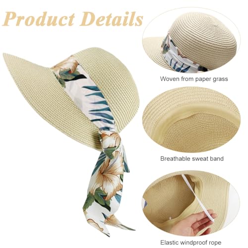 PALAY® Straw Hat for Women Summer, Wide Brim Sun Beach Hat for Women, Fashion UV Protection Cap with Print Ribbon Beige - Image 3