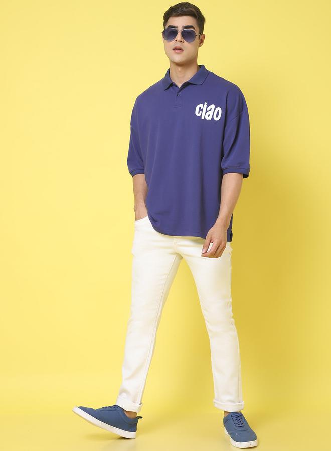 تايك تو تيشيرت بولو رجالي أزرق داكن بطبعة جرافيك مقاس كبير من دور - Image 5