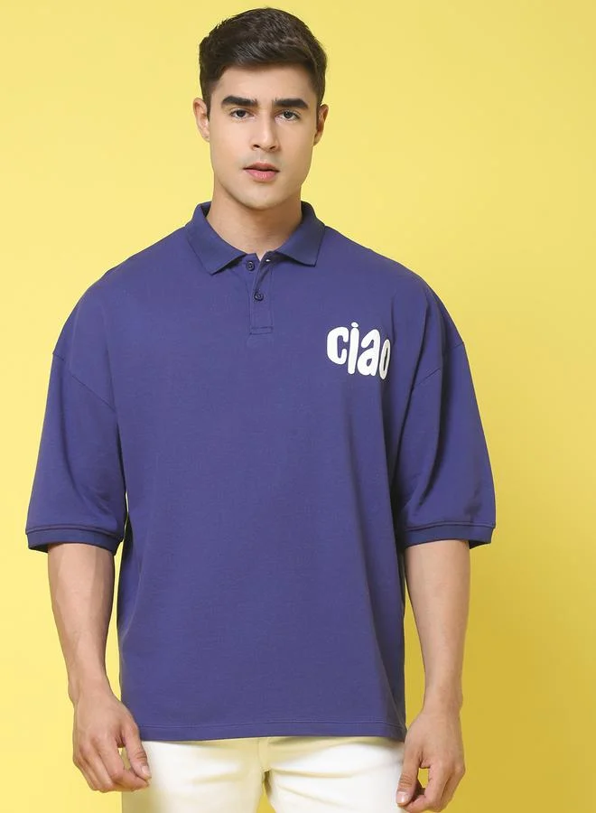 Styli Men Navy Blue Graphic Print Oversized Polo T-Shirt By Door74