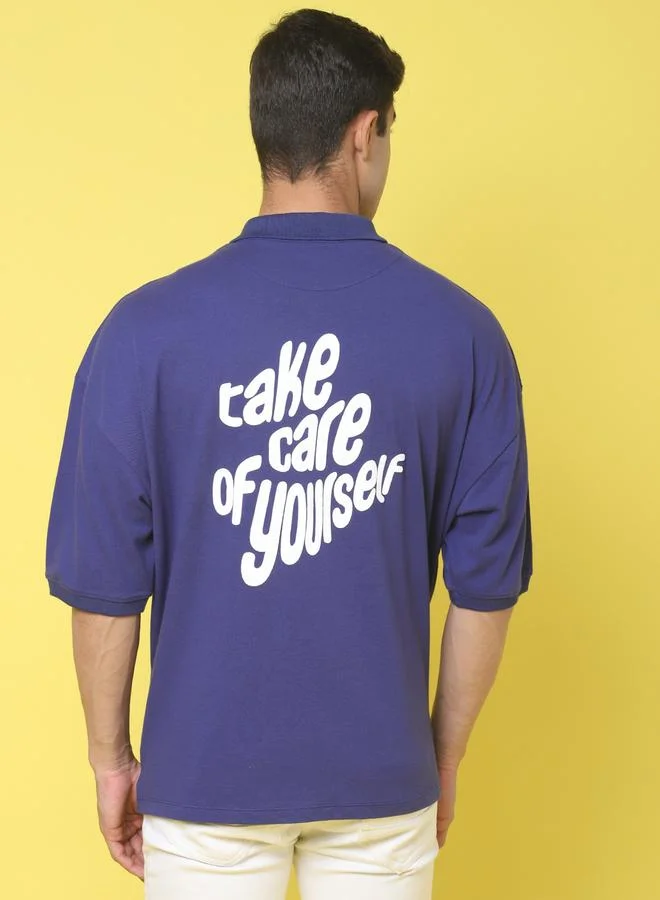 Take Two Men Navy Blue Graphic Print Oversized Polo T-Shirt