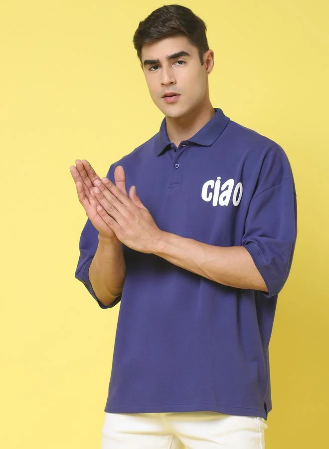 Take Two Men Navy Blue Graphic Print Oversized Polo T-Shirt