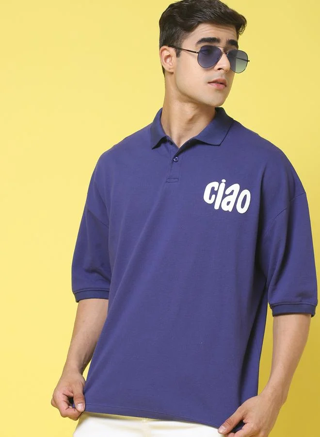 Take Two Men Navy Blue Graphic Print Oversized Polo T-Shirt
