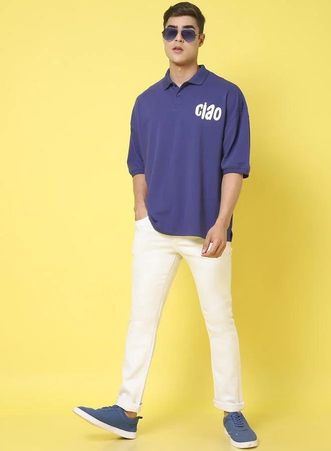 Take Two Men Navy Blue Graphic Print Oversized Polo T-Shirt