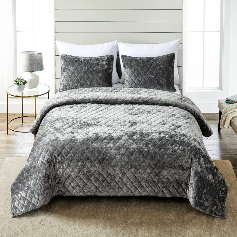 Fredsure Distressed Velvet Quilt Set 3 Pieces Grey Queen Distressed Velvet Face and Brushed Microfiber Reverse with Diamond Quilting