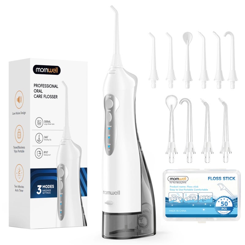 Mornwell D52 Portable Water Flosser USB Rechargeable 300ml 6 Jet Tips 3 Modes Teeth Cleaning for Travel Water Jet Toothpick - Image 1