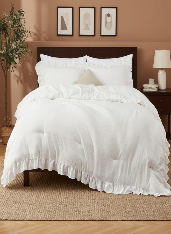 CAROMIO White Ruffled Queen Size Comforter Set, 3PCS Soft Washed Microfiber Lightweight & Fluffy All-Season Bedding Comforter with Vintage French Country Style, White, 90x90 in - Image 2