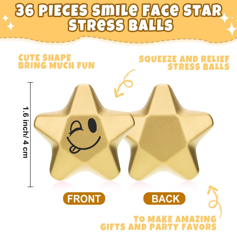 Deekin 36 Pieces Star Stress Balls Star Mini Foam Ball Stress Relief Star Balls Star Stress Toys For Teens Adults Student Bag Fillers  Gold (Novelty 1.6 Inch) - Image 2