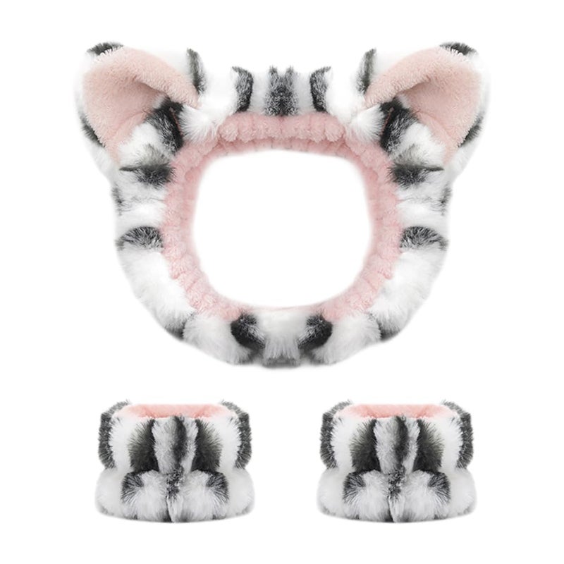 M'AYCREATE MAYCREATE® Spa Headband Set for Women: 3pcs Facial Headband & Wristband Combo with Cute Cat Ear Design, Super Soft Flannel & Microfiber Polyester Fabric, Ideal for Face Washing, Makeup & Spa Routines - Image 1