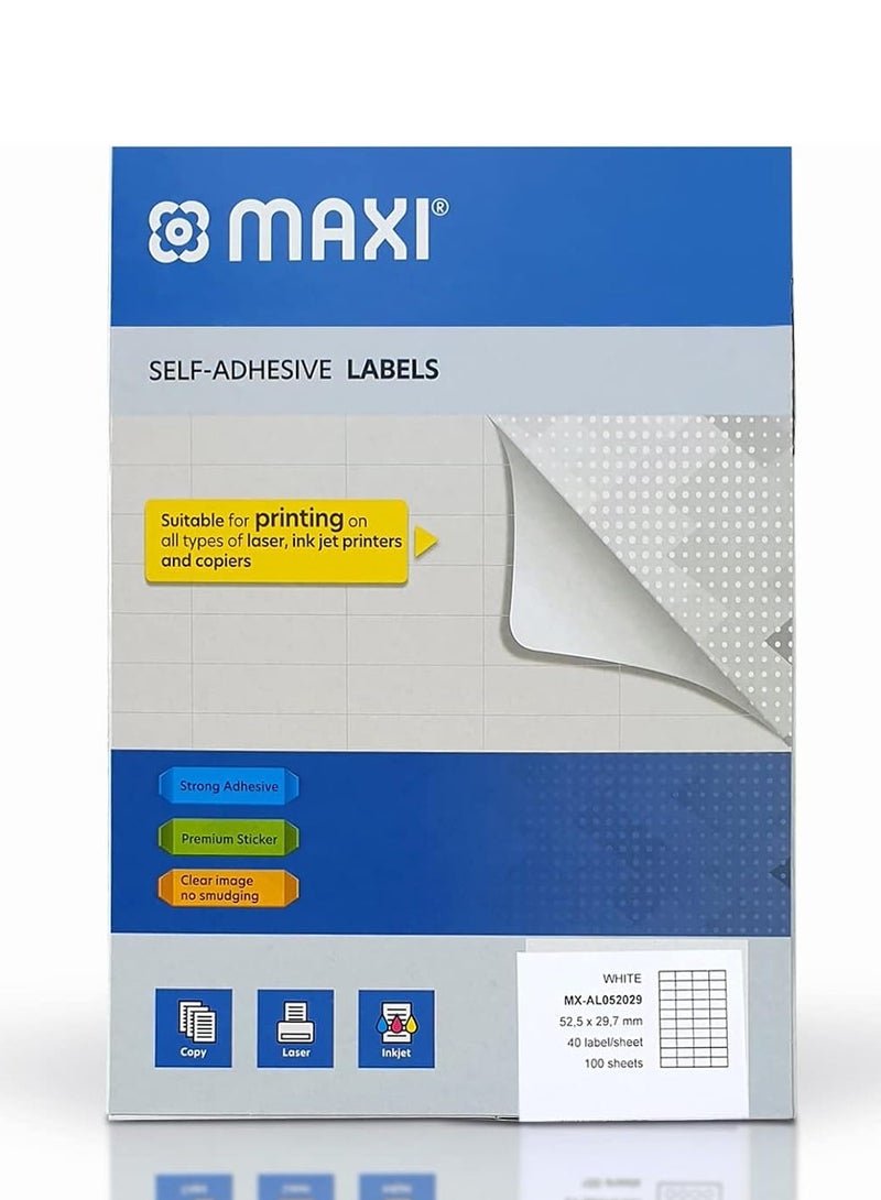 Maxi Self Adhesive Labels 52.5 X 29.7mm White 40 Labels 100Sheet, Premium Sticker for Office and Home - Image 1