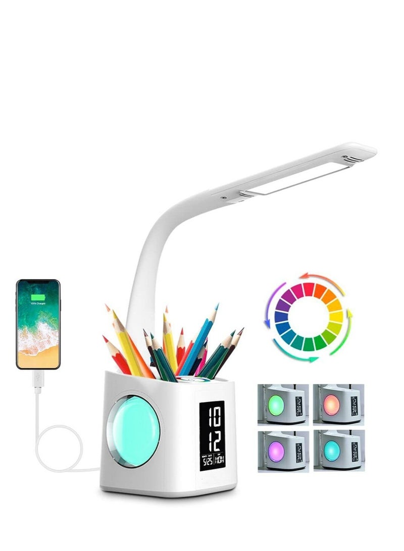 SYOSI LED Desk Lamp with USB Charging Port, 10W Touch Control Dimmable Office Lamp, Table Lamp with Pen Holder & Clock, Suitable for Home Office Bedroom Reading Study - Image 1
