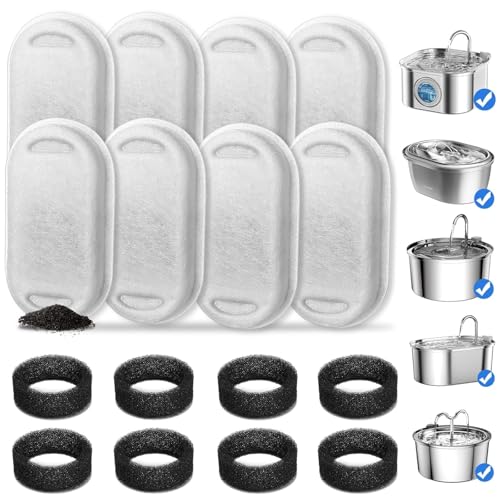Foliam® Cat Water Fountain Filters Sponges Compatible with Stainless Steel Pet Fountain Replacement Filters for Cat Dog Fountain (Filters & Sponges, 8 Filters& 8 Sponges) - Image 1