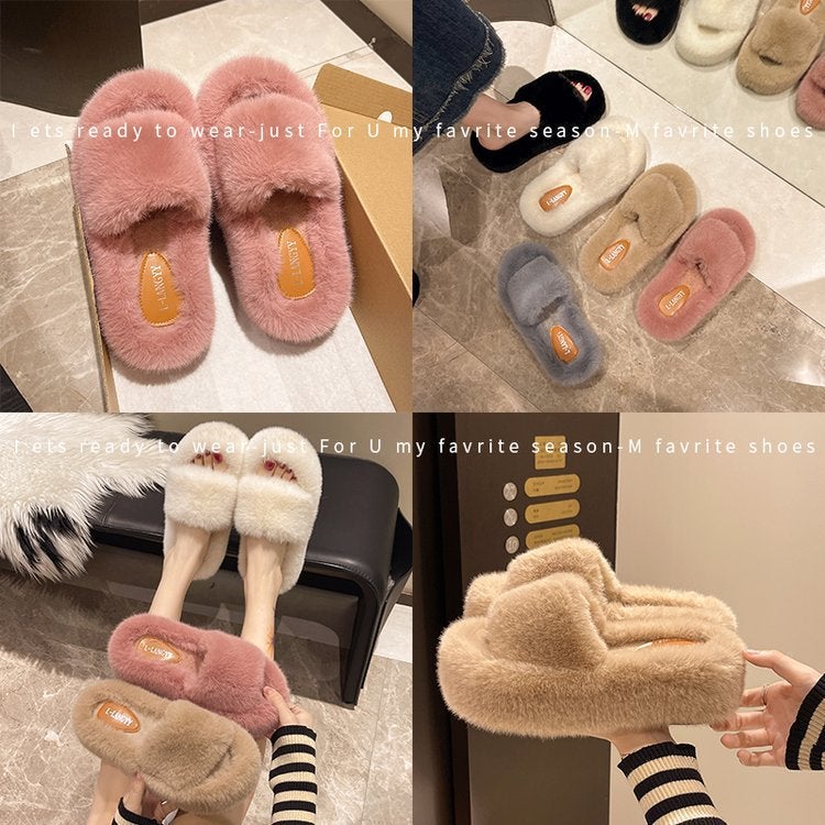 7Cm Thick-Soled Furry Slippers For Outer Wear 2025 Autum New Fashion Wedge-Heeled Platform Sole 35-41 Size Cotton Slippers - Image 4
