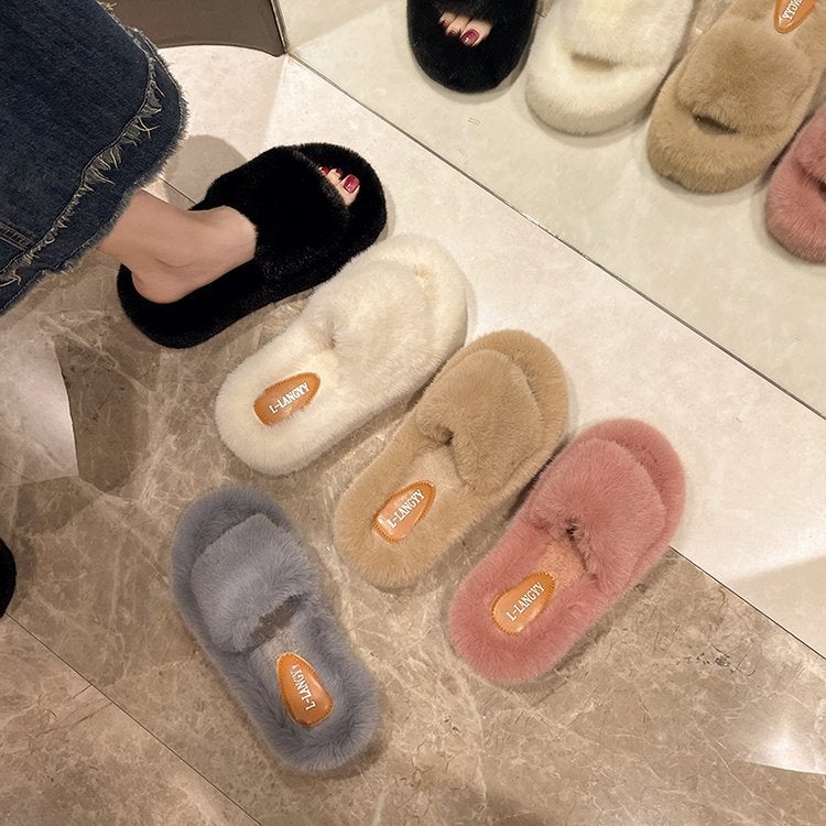 7Cm Thick-Soled Furry Slippers For Outer Wear 2025 Autum New Fashion Wedge-Heeled Platform Sole 35-41 Size Cotton Slippers - Image 3
