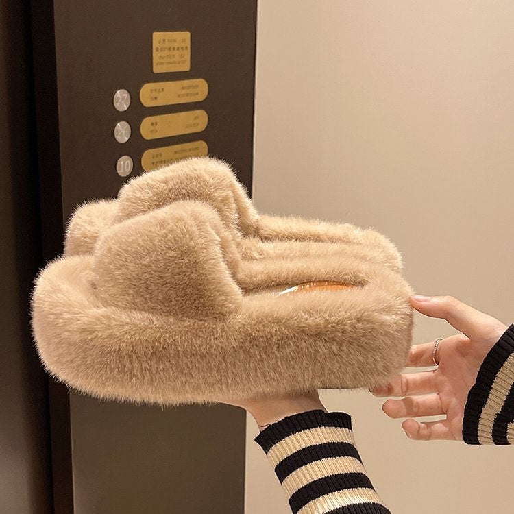 7Cm Thick-Soled Furry Slippers For Outer Wear 2025 Autum New Fashion Wedge-Heeled Platform Sole 35-41 Size Cotton Slippers - Image 5