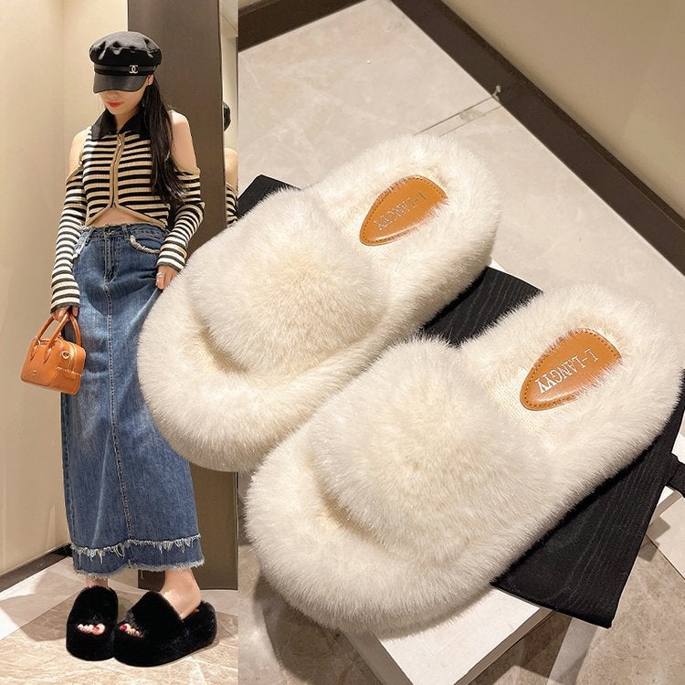 7Cm Thick-Soled Furry Slippers For Outer Wear 2025 Autum New Fashion Wedge-Heeled Platform Sole 35-41 Size Cotton Slippers - Image 2