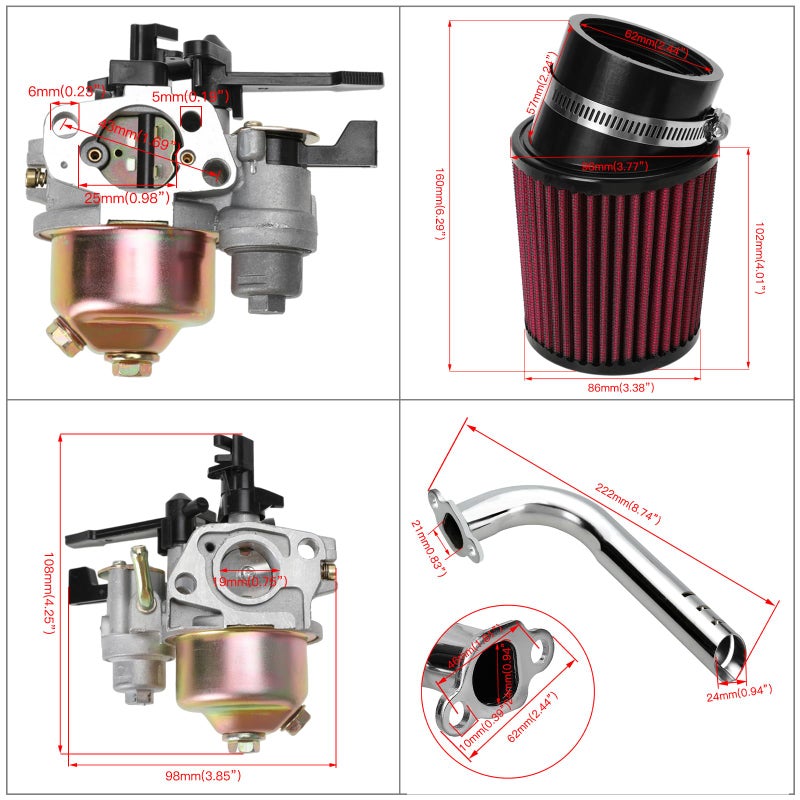 FVRITO Mini Bike Carburetor Exhaust Pipe Stage 2 Kit Compatible with Predator 212cc 196cc GX160 GX200 Engine Coleman CT200U BT200X Minibike KT196 Go Kart Baja Warrior Massimo MB200 Performance Parts - Image 5