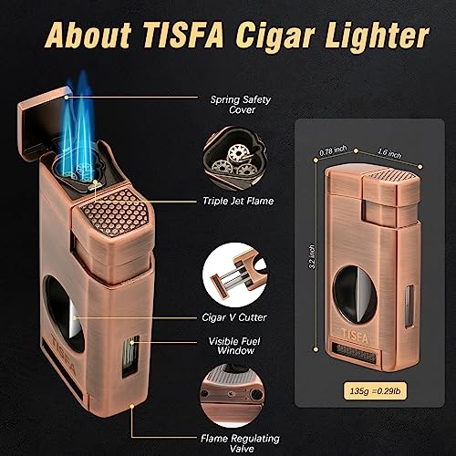 TISFA Cigar Case, Leather Cigar Humidor with Cigar Lighter, V Cut Cigar Cutter, Cigar Holder 3 in 1, Portable Cedar Wood Cigar Box with Humidifier Hygrometer, Cigar Accessories Gifts (Embossed Brown) - Image 3