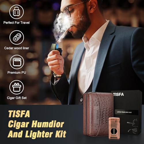 TISFA Cigar Case, Leather Cigar Humidor with Cigar Lighter, V Cut Cigar Cutter, Cigar Holder 3 in 1, Portable Cedar Wood Cigar Box with Humidifier Hygrometer, Cigar Accessories Gifts (Embossed Brown) - Image 4