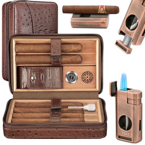 TISFA Cigar Case, Leather Cigar Humidor with Cigar Lighter, V Cut Cigar Cutter, Cigar Holder 3 in 1, Portable Cedar Wood Cigar Box with Humidifier Hygrometer, Cigar Accessories Gifts (Embossed Brown) - Image 1