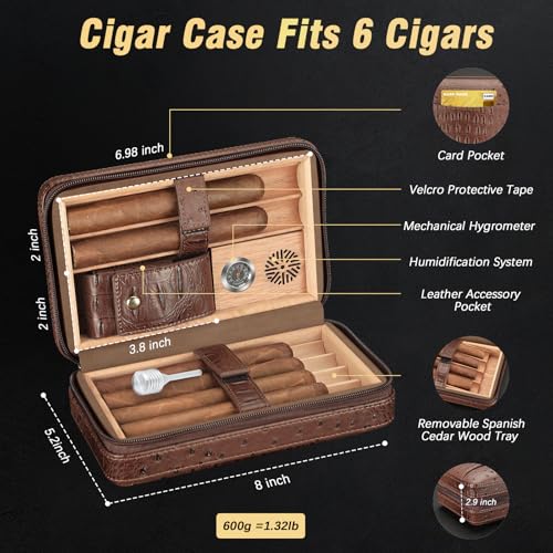 TISFA Cigar Case, Leather Cigar Humidor with Cigar Lighter, V Cut Cigar Cutter, Cigar Holder 3 in 1, Portable Cedar Wood Cigar Box with Humidifier Hygrometer, Cigar Accessories Gifts (Embossed Brown) - Image 2