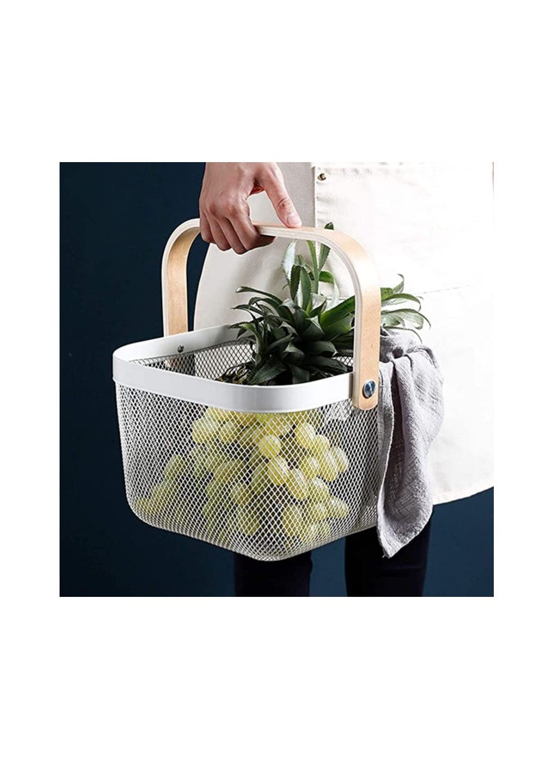 Spaceshoop Metal Mesh Steel Storage Organizer Basket Multi Function Wire Hanging Kitchen Baskets Fruit Basket with Bamboo Handle Ideal for Kitchen Bathroom Pantry Cabinet Home Shopping  - Image 4