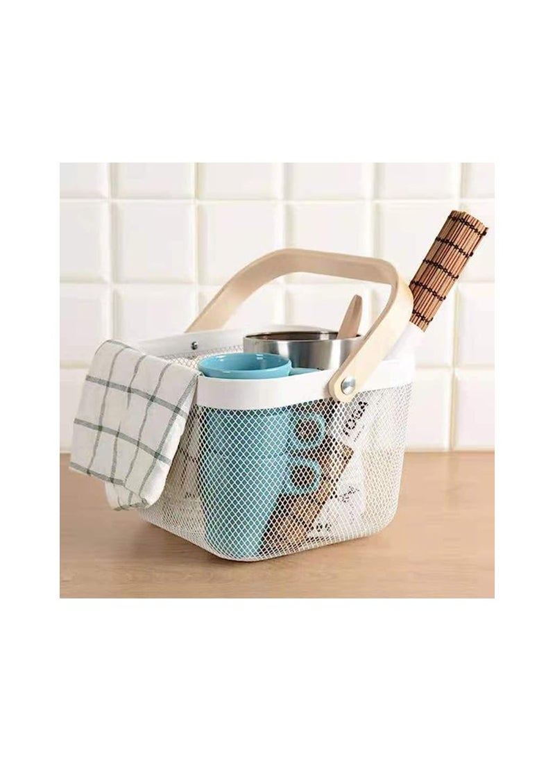 Spaceshoop Metal Mesh Steel Storage Organizer Basket Multi Function Wire Hanging Kitchen Baskets Fruit Basket with Bamboo Handle Ideal for Kitchen Bathroom Pantry Cabinet Home Shopping  - Image 3