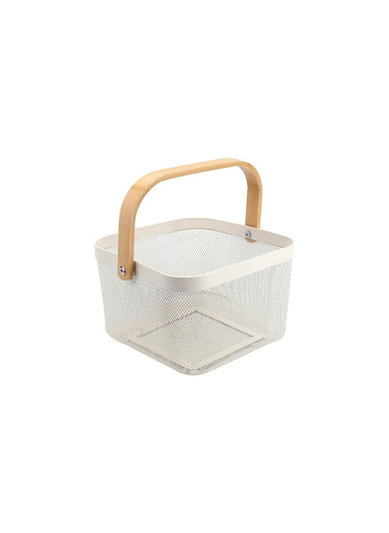 Spaceshoop Metal Mesh Steel Storage Organizer Basket Multi Function Wire Hanging Kitchen Baskets Fruit Basket with Bamboo Handle Ideal for Kitchen Bathroom Pantry Cabinet Home Shopping  - Image 1
