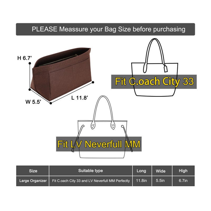 Doxo Purse Organizer Insert for Handbags Tote Felt Bag Organizers Compatible with CIity33 Neverfull MM (Large-Brown) - Image 4