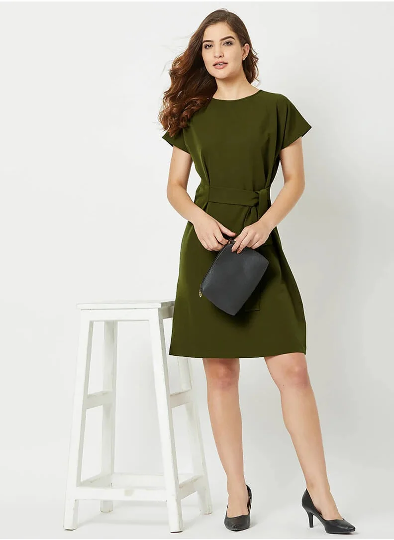 Salt Attire Women's Juniper Dress Stylish Drop Shoulders, Adjustable Waist Tie Belt, and Soft Anti-Wrinkle Moss Crepe Fabric for Versatile Day-to-Night Wear