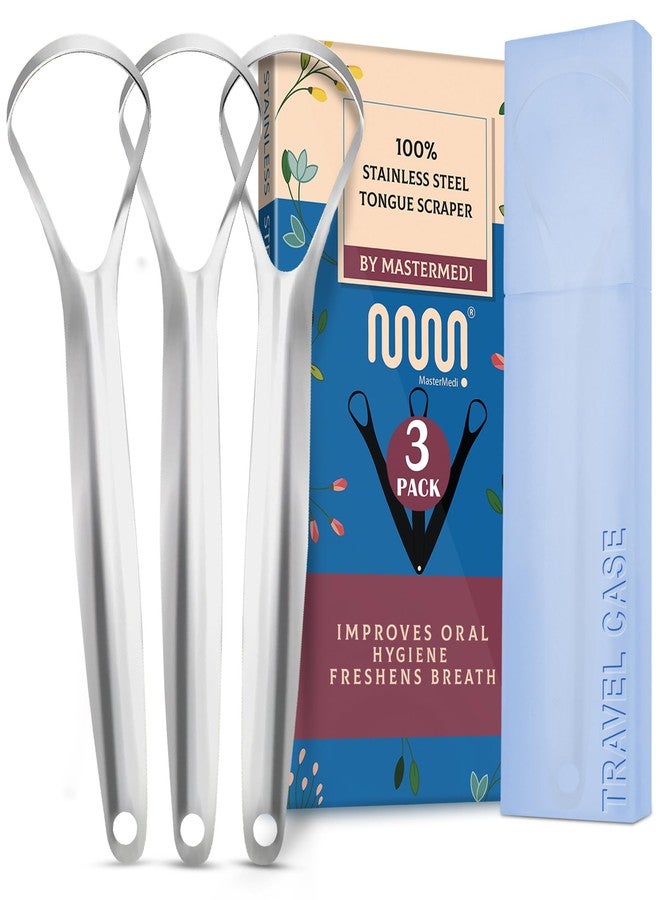 MasterMedi Tongue Scraper for Adults, 100% Stainless Steel for Bad Breath, Easy to Use, Tongue Cleaner for Oral Care (Pack of 3 with 1 Case - Image 1