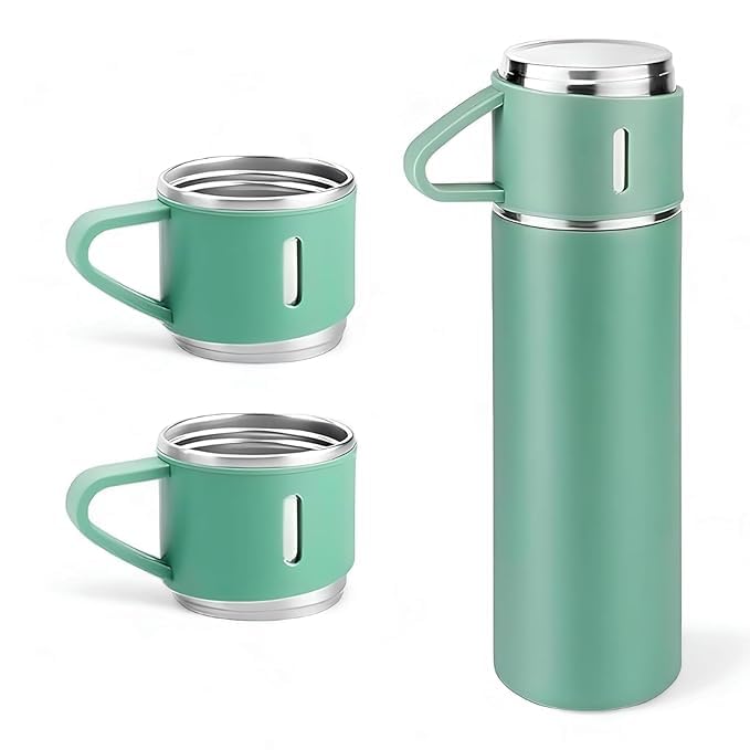 Generic NAMNKIT Stainless Steel Vacuum Insulated Flask Set with 3 Stainless Steel Cups Combo (500ml) for Coffee, Hot and Cold Water, Leak Proof, Easy to Carry,12Hrs Hot & Cold. (Green)  - Image 1