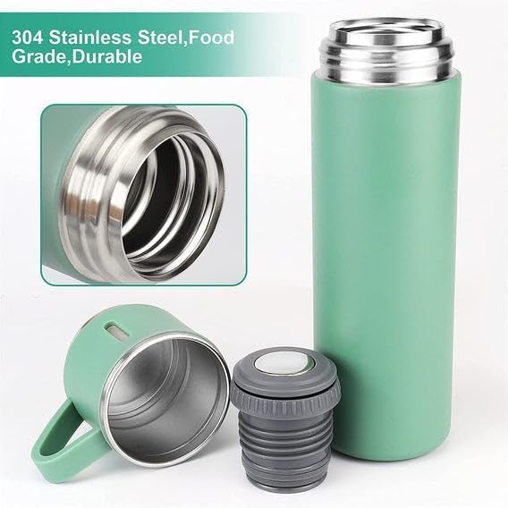 Generic NAMNKIT Stainless Steel Vacuum Insulated Flask Set with 3 Stainless Steel Cups Combo (500ml) for Coffee, Hot and Cold Water, Leak Proof, Easy to Carry,12Hrs Hot & Cold. (Green)  - Image 2