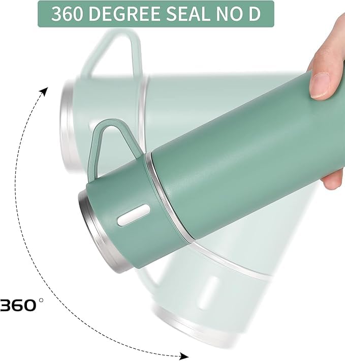 Generic NAMNKIT Stainless Steel Vacuum Insulated Flask Set with 3 Stainless Steel Cups Combo (500ml) for Coffee, Hot and Cold Water, Leak Proof, Easy to Carry,12Hrs Hot & Cold. (Green)  - Image 4