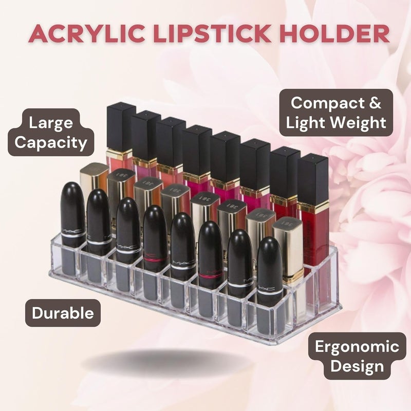 SUNAM Clear Acrylic Lipstick Holder Case 24 Compartment Lipsticks Storage Organiser tray Cosmetic Grid Organizer Stand Pack of 2 - Image 4