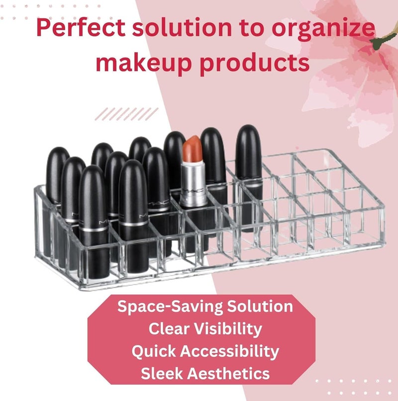 SUNAM Clear Acrylic Lipstick Holder Case 24 Compartment Lipsticks Storage Organiser tray Cosmetic Grid Organizer Stand Pack of 2 - Image 2