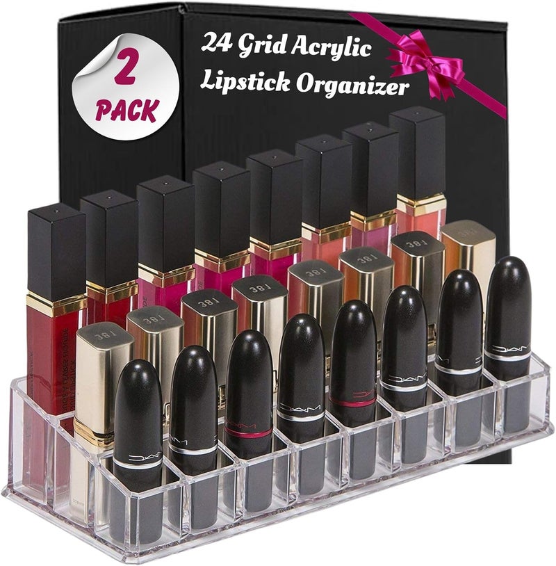 SUNAM Clear Acrylic Lipstick Holder Case 24 Compartment Lipsticks Storage Organiser tray Cosmetic Grid Organizer Stand Pack of 2 - Image 1